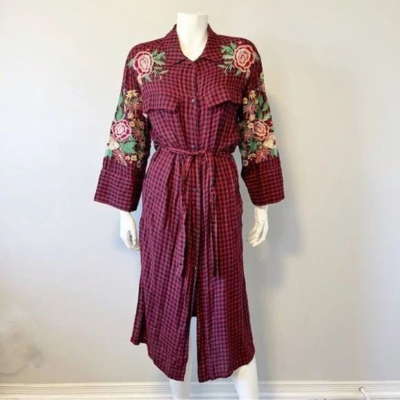 Zara trf Duster Tunic Dress Red Navy Plaid Embroidered Floral Belted size XS - Picture 1 of 14
